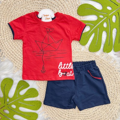 Conj. Camiseta Little Boat e Bermuda - Vermelho e Marinho